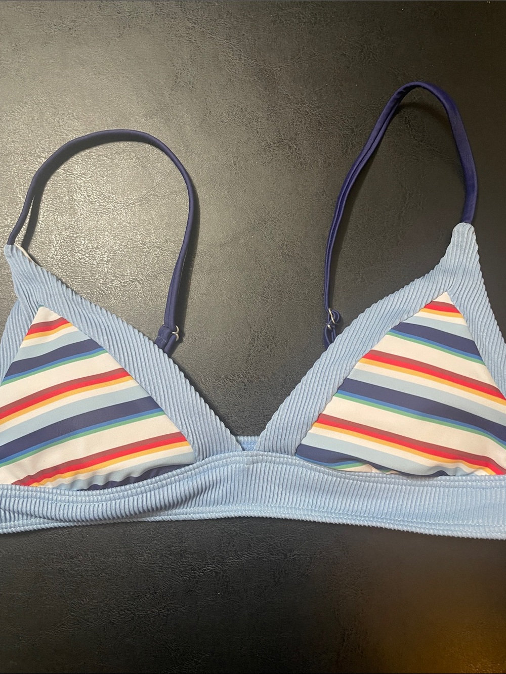 Light Blue Ribbed Triangle Bikini Top with Stripes, adjustable straps Sz.L NWOT